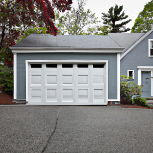 Suburban Hopkinton home exterior with a painted steel garage door, driveway and New England landscaping, no people.