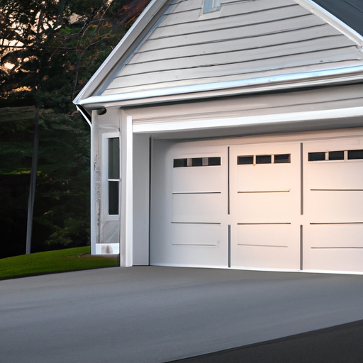 Suburban Hopkinton driveway at dusk with a modern garage door closed and visible weatherstripping