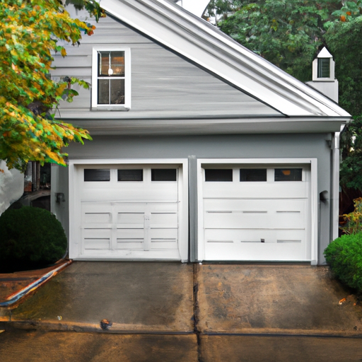 Exterior view of a Colonial home garage with a closed insulated door in Hopkinton, MA on an overcast morning.