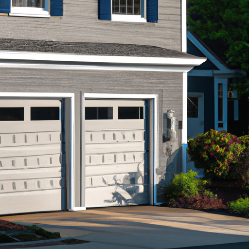 Suburban Hopkinton home exterior showing a two-car garage door and driveway in late afternoon light