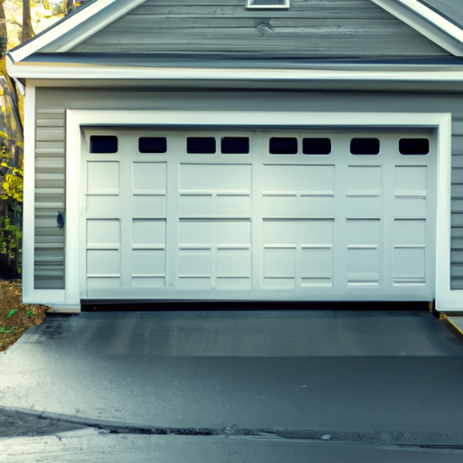 Suburban Hopkinton driveway with a modern insulated garage door at dawn, no people.