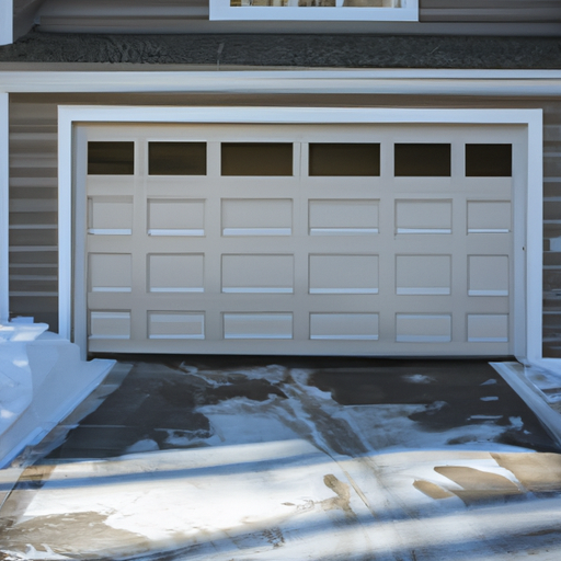 Insulated garage door on a New England home in light snow, showing bottom seal and weatherproofing details.
