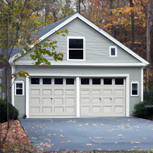 Suburban Hopkinton home with closed garage door, late autumn scene, visible hardware and driveway