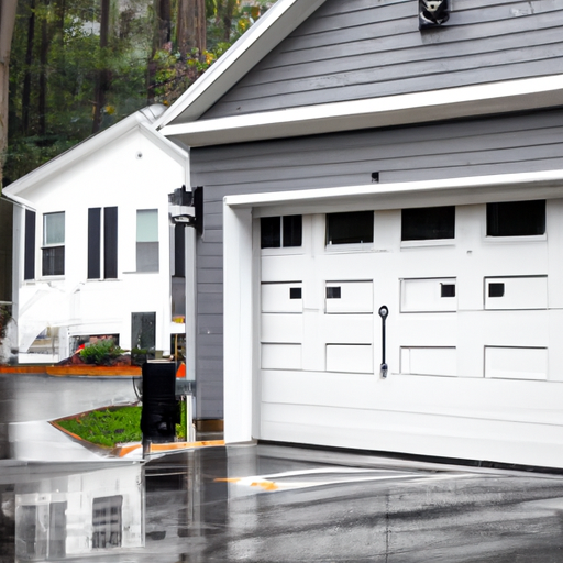 Suburban Hopkinton driveway with a modern smart garage door partially open, showing tracks and exterior opener unit.