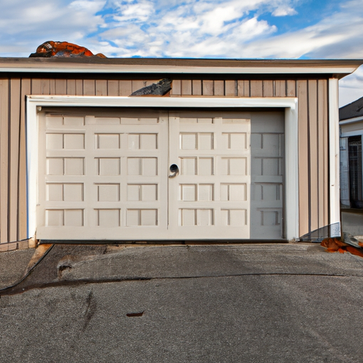 Suburban Hopkinton garage door closed with visible bottom seal and threshold in late autumn light, no people.