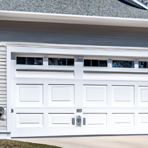 New residential garage door installed on a suburban Hopkinton, MA home, daylight, driveway visible