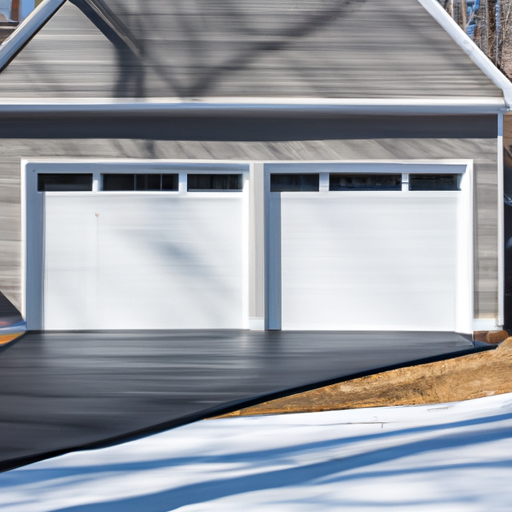 Contemporary insulated garage door on a suburban Hopkinton, MA home with a paved driveway and light snow remnants.