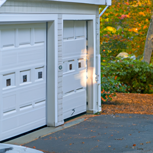 Suburban Hopkinton driveway with a steel-panel garage door partially open showing tracks and opener hardware.
