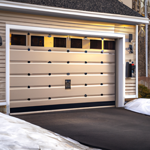 Residential garage exterior in Hopkinton, MA showing a modern sectional garage door and visible opener rail, early spring setting.