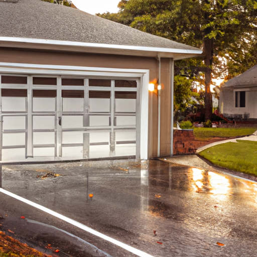 Suburban Hopkinton garage with modern sectional door partially open at golden hour, driveway and wet pavement visible.
