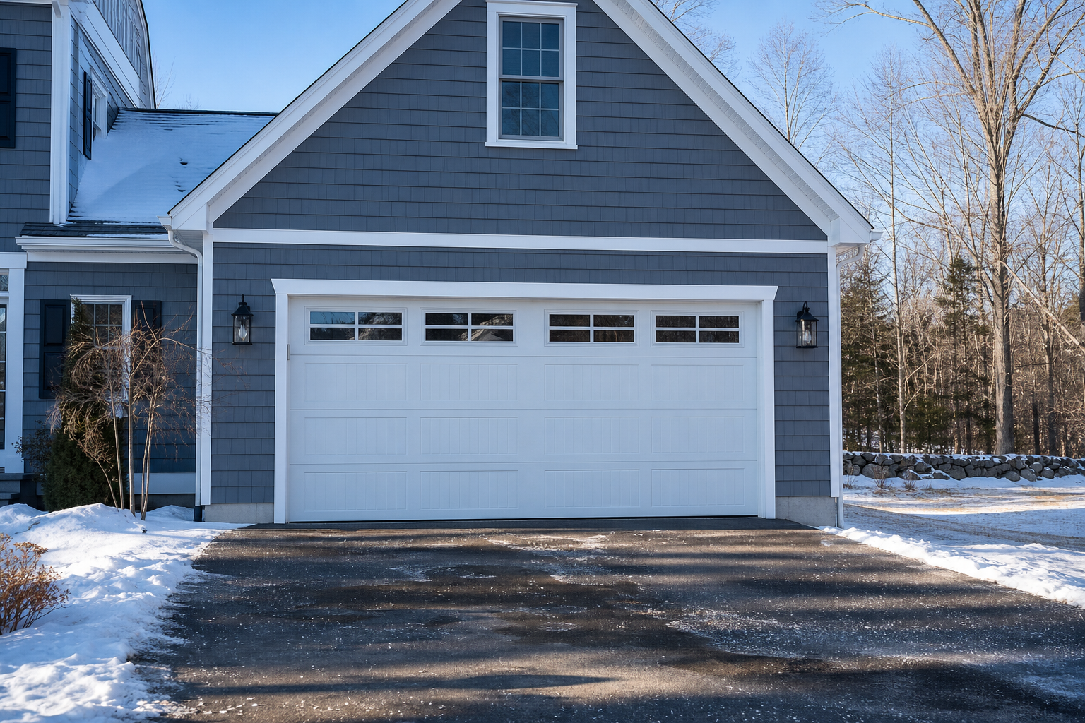 Suburban garage door in Hopkinton, MA on a winter morning